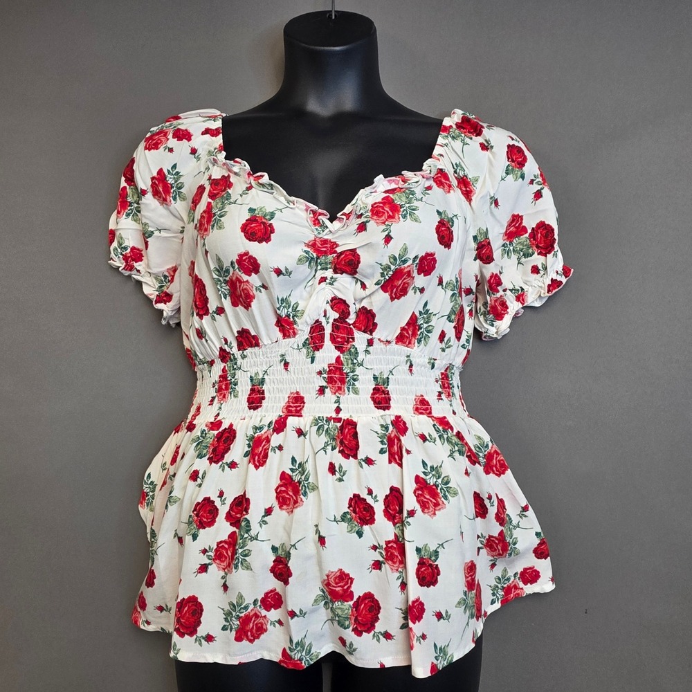 Almost Famous Top Women's Floral Peplum Smocked Waist Short Sleeve White Large